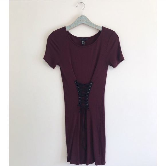 F21 | Maroon Ribbed Corset Waist Dress - Picture 1 of 8